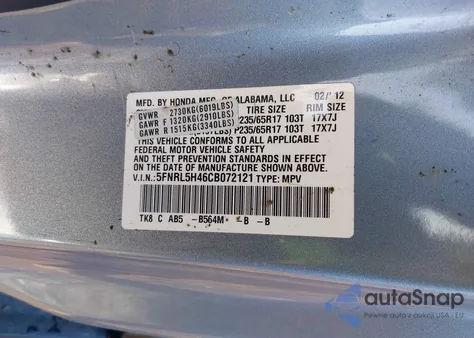 2012 Honda Odyssey Ex from USA, damaged, VIN 5FNRL5H46CB072121